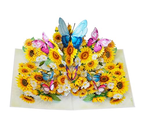 Sunflowers with Butterflies 3D Get Well Soon Card, Sympathy Cards, Thinking of You Pop Up, Mothers Day Card, 6x8in 3D Birthday Cards for Women for Wife, Her, Sister, Grandma (PQ Sunflowers w Butterflies) - color: Sunflowers w Butterflies