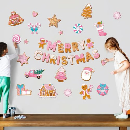 Kosiz 54 Pcs Merry Christmas Bulletin Board Pink Gingerbread Cutouts Decor - style: Merry Christmas