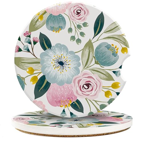 Car Cup Coaster Pink Turquoise Botanical Floral Car Coaster for Cup Holders Universal Non-Slip Ceramic Vehicle Interior Accessories 2 Pack 2.56 Inch - color: Pink Turquoise Botanical Floral