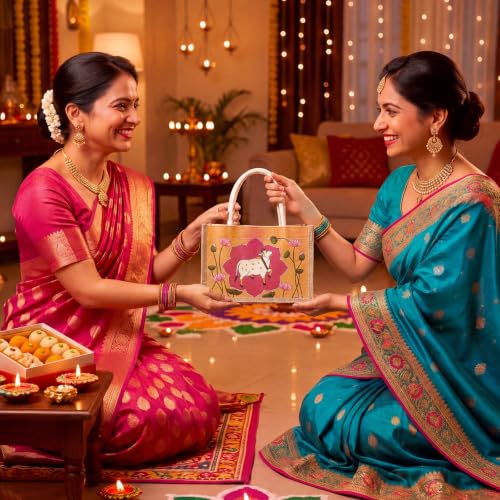 Happy Diwali Return Gift Bags, Pichwai Tote Bags - style: Lotus