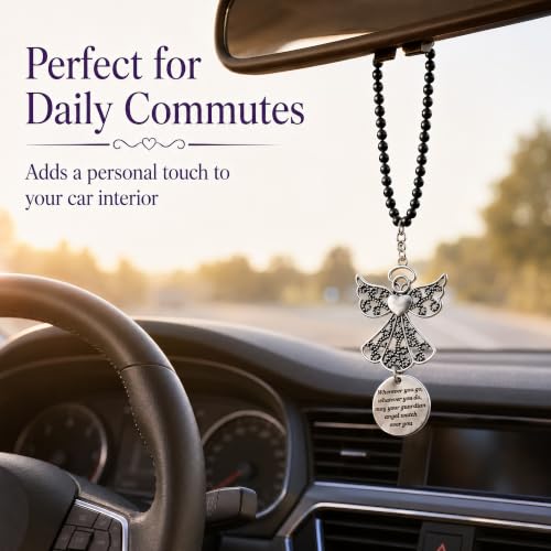 Guardian Angel Car Charm - Stainless Steel Rearview Mirror Hanging Ornament with Cross & Compass - Christian Travel Gift