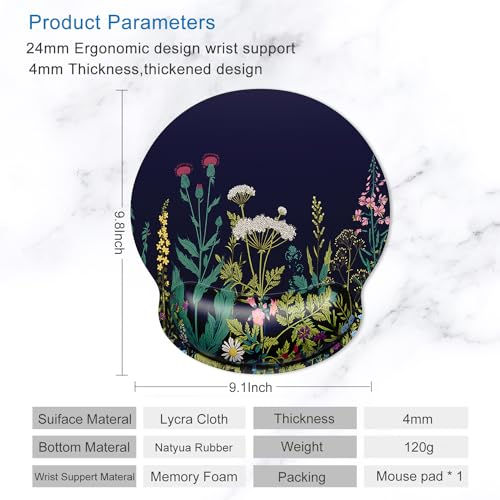 ITNRSIIET Ergonomic Mouse Pad with Wrist Support Wrist Rest Smooth Surface Non-Slip Rubber Base Comfortable Office Supplies Pain Relief, 9.8 x 9.1 inches, Wild Flower - color: Wild flower