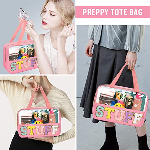 Preppy Clear Stuff Makeup Bags with Chenille Letter Patches, Travel Essentials Large Clear Make up Bag Zipper Pouch with Handle, Waterproof Nylon Cosmetic Toiletry Storage Tote for Women (STUFF-Pink) - color: STUFF-Pink