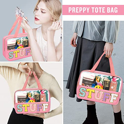 Preppy Clear Stuff Makeup Bags with Chenille Letter Patches, Travel Essentials Large Clear Make up Bag Zipper Pouch with Handle, Waterproof Nylon Cosmetic Toiletry Storage Tote for Women (STUFF-Pink) - color: STUFF-Pink