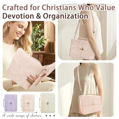 Classic Leather Bible Cover Case with Cross Design and Handle & Shoulder Strap for Women, Durable Bible Study Supplies Organizer Carrying Bag, Christmas Gifts for Christians with Gift Box（Pink - color: Pink( With Strap)