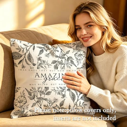 Christian Amazing Grace Hymn Pillow Cover 18x18 - color: White-flower