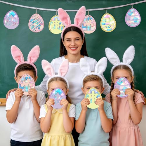 24 Sets Easter Eggs Suncatchers Craft, DIY Religious Easter Wooden Egg Hanging Decorations Kit for Christian Sunday School Activities Project Spring Classroom Party Favors Supplies