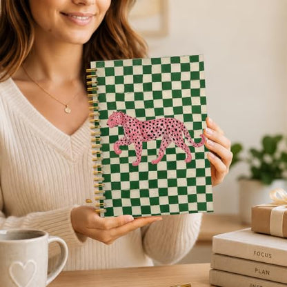 JMICTUB Pink Leopard Spiral Notebook 5.5x8.3, Cheetah Green and White Checkered Hardcover Lined Journal - color: Spiral notebook-13