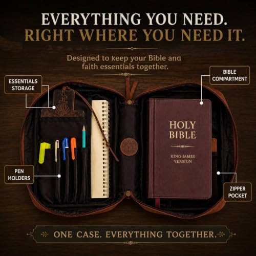 11 x 8 inch Genuine Leather Bible Cover for Men & Bible Case Women Organizer with Handle & Pocket Pen Holder Christian Religious Gift Cross Bookmark Bible Carrying Bag for Church - Red - color: Red