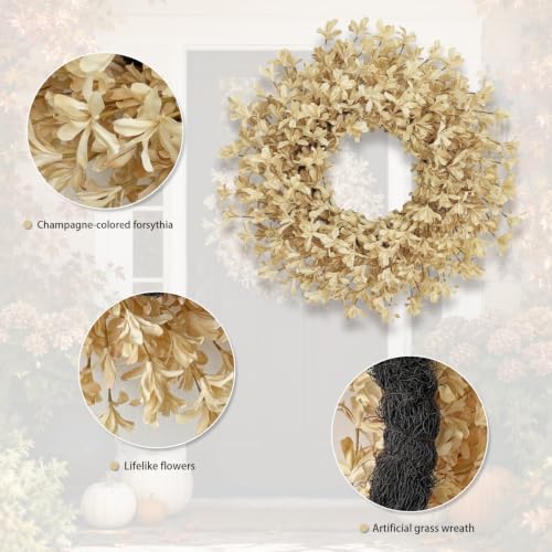 24 Inch Fall Wreaths for Front Door, Beige Forsythia Autumn Wreath - color: Beige