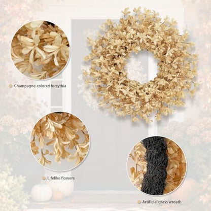 24 Inch Fall Wreaths for Front Door, Beige Forsythia Autumn Wreath - color: Beige