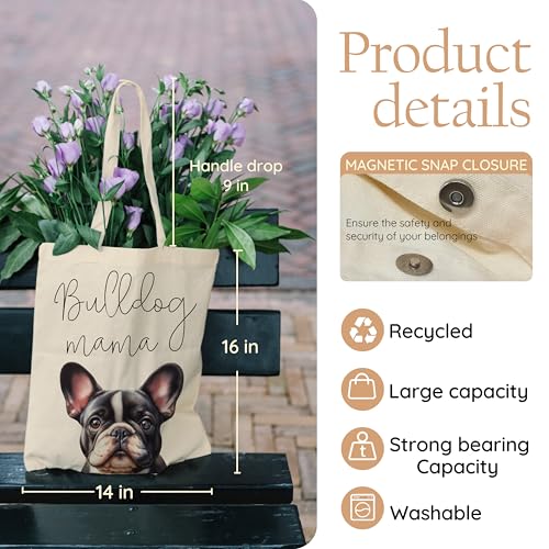 Dog Mom Canvas Tote Bag for Women, Reusable Cotton Shoulder Bag, Dog Lover Gift, Mother’s Day Pet Mom Shopping Tote - color: Bulldog