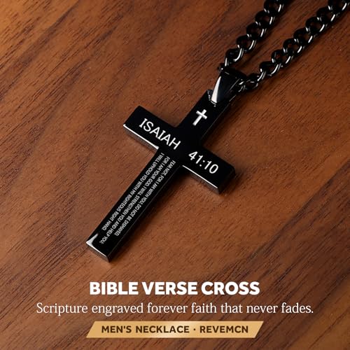REVEMCN Black & Silver Bible Verse Cross Necklace for Men Boys 20-24" Chain - color: Isaiah 41:10 - Black