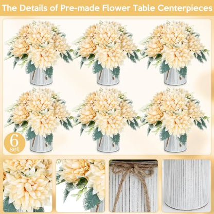 6 Set Pre-Made Flower Table Centerpieces (Champagne, 6 X Dahlias Table Centerpieces) - color: Champagne, size: 6 X Dahlias Table Centerpieces