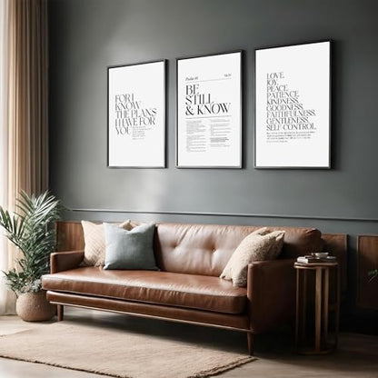 Minimalist Bible Verse Wall Art Set of 3 Scripture Posters Be Still and Know Christian Wall Decor Black and White Canvas Prints for Bedroom Living Room Religious Art Unframed 24"L X 16"W