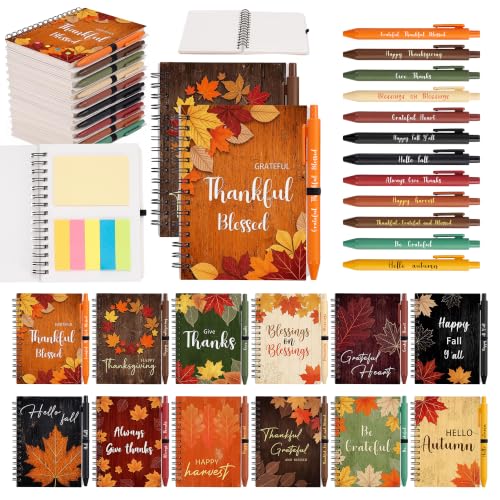 Fall Notebooks with Pens Bulk, 24 Sets, 5.5 x 4.7 In, Maple Leaves - color: Vintage Wood Grain Maple Leaves