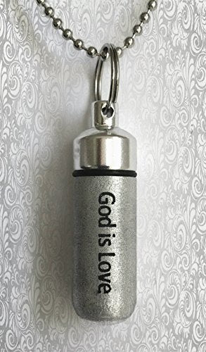 Classic Brushed Silver ANOINTING OIL HOLDER/Vial Necklace with ENGRAVED God Is Love - Includes Velvet Pouch, Ball Chain & Funnel - Great Holiday Gift