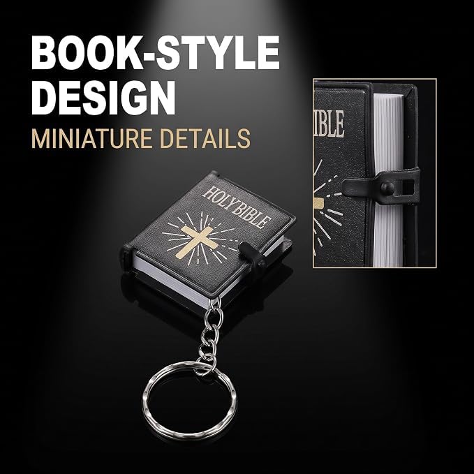 Miniature Holy Bible Keychain - Black Zinc Alloy Scripture Pendant with Cross Charm, Compact Christian Jewelry for Men and Women (Key Ring and Bag Accessory)