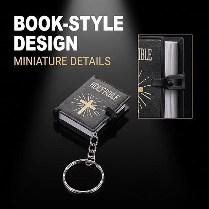 Miniature Holy Bible Keychain - Black Zinc Alloy Scripture Pendant with Cross Charm, Compact Christian Jewelry for Men and Women (Key Ring and Bag Accessory)
