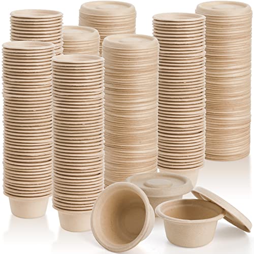 Yesland 200 Pack 2 oz Natural Bagasse Fiber Cups with Lids, 2.3'' x 1.1''(H) x 1.6'' Paper Tasting Cups Disposable Sample Food cup, Compostable Sauce Containers for Snack Tasting Charcuterie - color: Natural