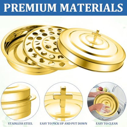 Jingmore Communion Ware 3 Holy Wine Serving Trays with 1 Cover, Gold - color: Gold