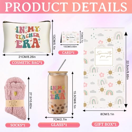 DHQH Best Teacher Appreciation Gifts for Women, Teacher Christmas Thank You Gifts Basket with 16OZ Glass Cup Makeup Bag - style: teacher newa glass