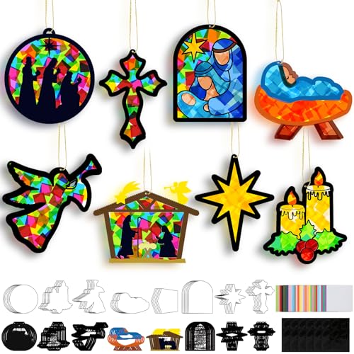 DoubleFill 48 Pcs Christmas Nativity Suncatchers Craft Kits Tissue Paper - style: Christmas Nativity