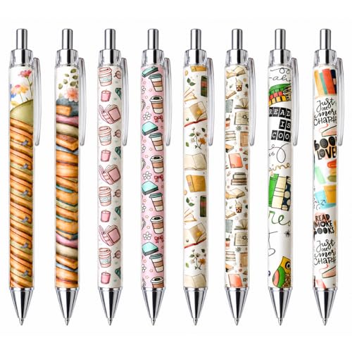 8PC Book Club Pens Cute Vintage Artsy Stationery Aesthetic Journal Writing Pen Bookish Theme Decor Library Supplies Accessories For Reading Lovers Bulk Appreciation Gift For Bookworm Women Librarian - style: Book