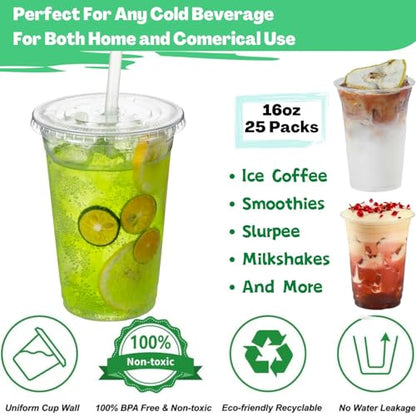 Artpreti 25 Sets 16 oz Clear Plastic Cups with Lids and STRAWS, Disposable Cups for Iced Coffee, Smoothie, Milkshake, Cold Drinks - size: 16 oz - With Lid