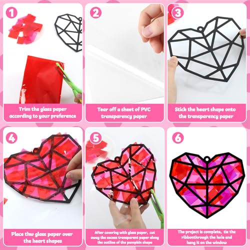 32 Sets Heart Suncatchers Craft Kit for Valentine's Day DIY Window Stained Glass Paper Pink Love Home School Classroom Decor Valentines Art Craft Creative Activity Project Kid Christmas Gift Favor - style: Valentines