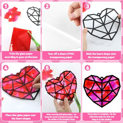 32 Sets Heart Suncatchers Craft Kit for Valentine's Day DIY Window Stained Glass Paper Pink Love Home School Classroom Decor Valentines Art Craft Creative Activity Project Kid Christmas Gift Favor - style: Valentines