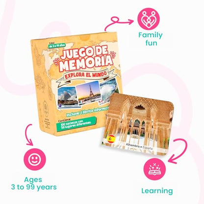 Menique Explore the World Memory Matching Game – Spanish Edition – 100 Cards (50 Pairs) with Iconic Landmarks, Country & Flag – Educational Geography Game in Spanish. - style: (ES) Explora el Mundo