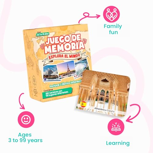 Menique Explore the World Memory Matching Game – Spanish Edition – 100 Cards (50 Pairs) with Iconic Landmarks, Country & Flag – Educational Geography Game in Spanish. - style: (ES) Explora el Mundo