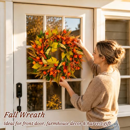 Grooy 24 Inch Artificial Fall Wreath for Front Door