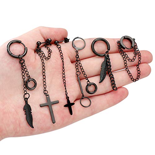 20 Pieces Men Earrings Set - Black Stainless Steel Chain Hoop Earrings Cross Moon and Star Dangle Earrings Piercing Jewelry for Men Women - color: Black