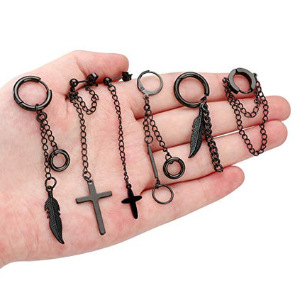 20 Pieces Men Earrings Set - Black Stainless Steel Chain Hoop Earrings Cross Moon and Star Dangle Earrings Piercing Jewelry for Men Women - color: Black