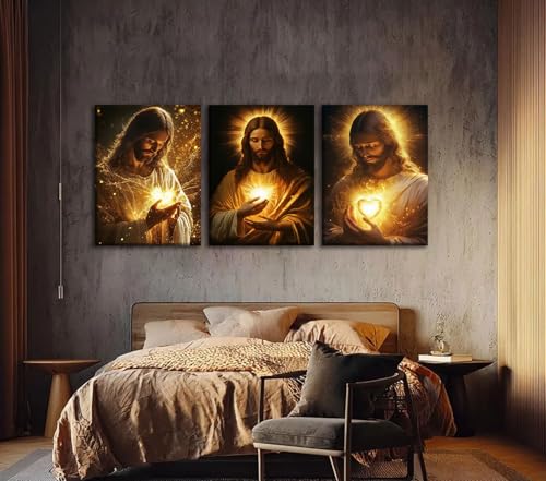 Jesus Canvas Wall Art, 3 Piece Gallery Wrapped Christian Prints, 12x16 - color: Sacred Heart of Jesus, size: 16"L x 12"W