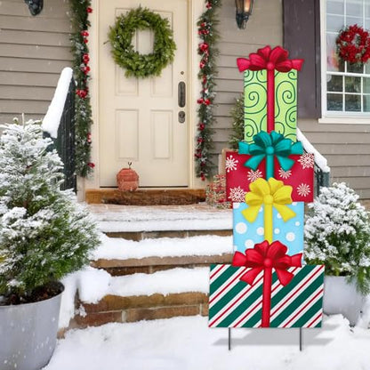 Christmas Yard Sign Decorations Outdoor Boxes Yard Signs with Metal Stakes for Xmas Holiday Party Lawn Sign Garden Decor Outdoor Yard Signs - style: Gift box