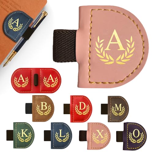 Personalized Leather Magnetic Bookmark with Pen Holder, Custom Bygone Mark Bookmark with Pen Holder, Custom Bookmarks with 26 Letters for Reading Women, Men, Teachers, Book Lovers?Pink?A? - color: Pink