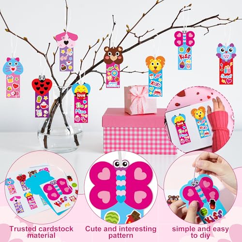 ANGOLIO Valentine's Day Bookmarks Craft Kits - 123Pcs Valentine's Day Animals Craft for Kids DIY Make Your Own Heart Animal Set Self-Adhesive Face Stickers for Kids Classroom Gifts Party Supplies - style: Valentine's Day Animals
