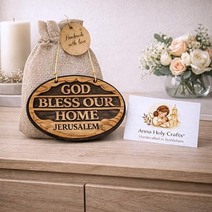 Handmade Olive Wood God Bless Our Home Wall Plaque from Bethlehem – Christian Wall Decor, Religious House Blessing Sign, Holy Land Wooden Wall Hanging with Gift Pouch & Certificate of Authenticity