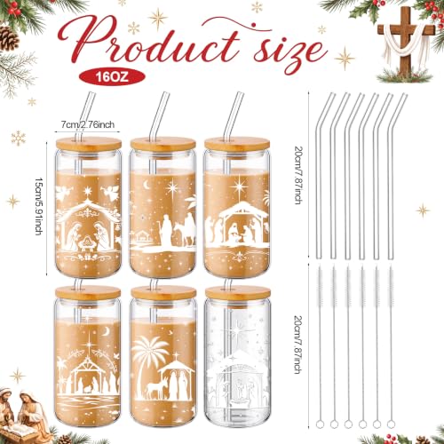 Fulmoon 6 Pcs 16 oz Nativity Scene Christmas Glass Cups with Lid and Straw - style: Christmas