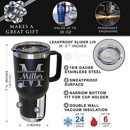 The Wedding Party Store Custom Personalized 20 oz Stainless Steel Powder Coated Vacuum Insulated Double Walled Travel Tumbler Coffee Mug with Handle and Lid (Black) - color: Black