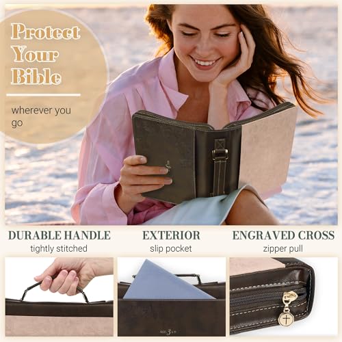 Christian Art Gifts Premium Faux Leather Inspirational Floral Bible Cover for Women: Everything Beautiful Encouraging Bible Verse, Easy Carry Zippered Case, Pen Loops, Pockets, Pink & Brown, Medium - size: Medium