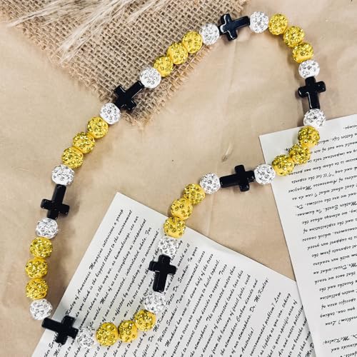 Baseball Bead Cross Necklace for Boys Kids, Elastic Rhinestone Bling Necklace Drip Gifts for Teens Players - color: Black Cross/Yellow/White