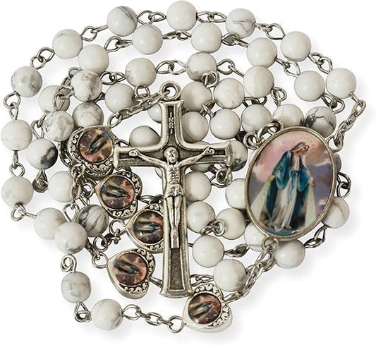 Nazareth Store Natural Stone Beads with Miraculous Epoxy Heart Metal Beads Rosary Necklace Gemstone Christian Gifts - color: Howlite