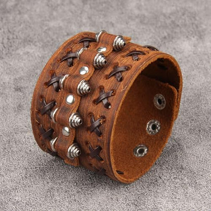 GelConnie Punk Leather Cuff Bracelet Adjustable Straps Wrap Bracelets Arm Armor Cuff Gothic Leather Wristbands for Men, Women - color: MLPB103-Brown