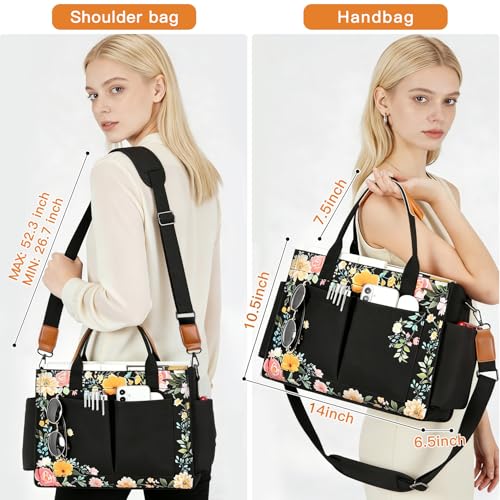 Janhavi Travel Tote Bag for Women with Zipper Closure & Shoulder Strap, Large Canvas Handbags for Bible Work Teacher Nurse - color: Black & Flower