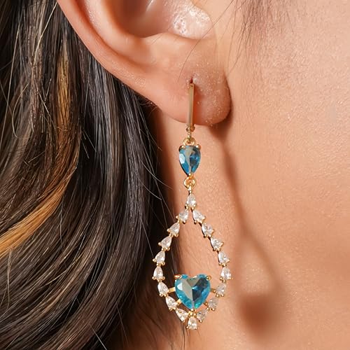 18K Gold Plated, Dangle Earrings for Women, Flower/Heart Drop earrings, Hypoallergenic Cubic Zirconia Earrings, Lightweight, Party, gold earrings, Jewelry for Gifts, Fashion - style: 7508-Blue