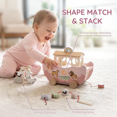 Joyreal Pink Wooden Noah's Ark Toy for 1 Year Old Baby Girl Baptism Gifts - color: Pink